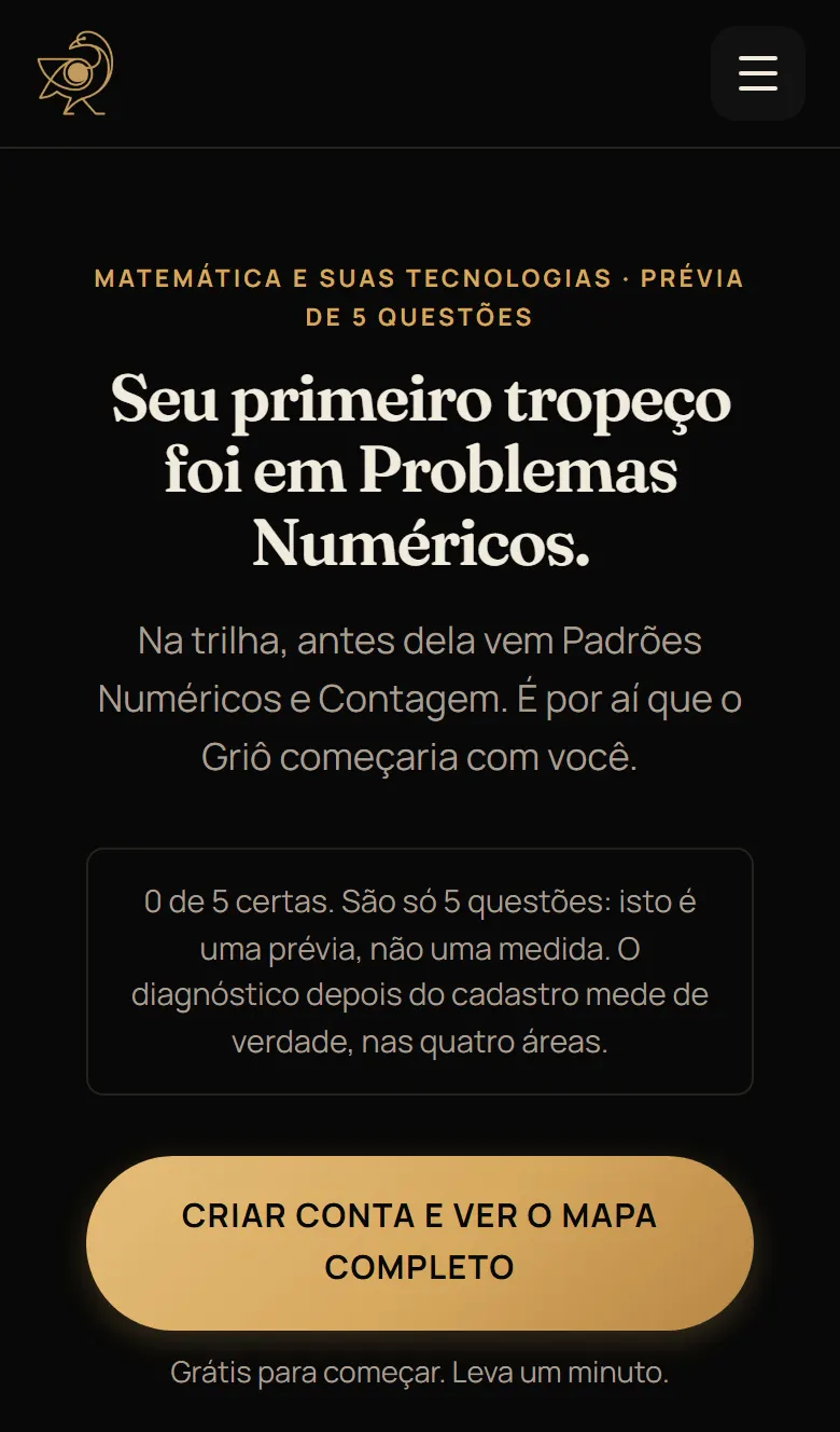 Resultado da prévia: "Seu primeiro tropeço foi em Problemas Numéricos", e a habilidade que vem antes na trilha, Padrões Numéricos e Contagem.
