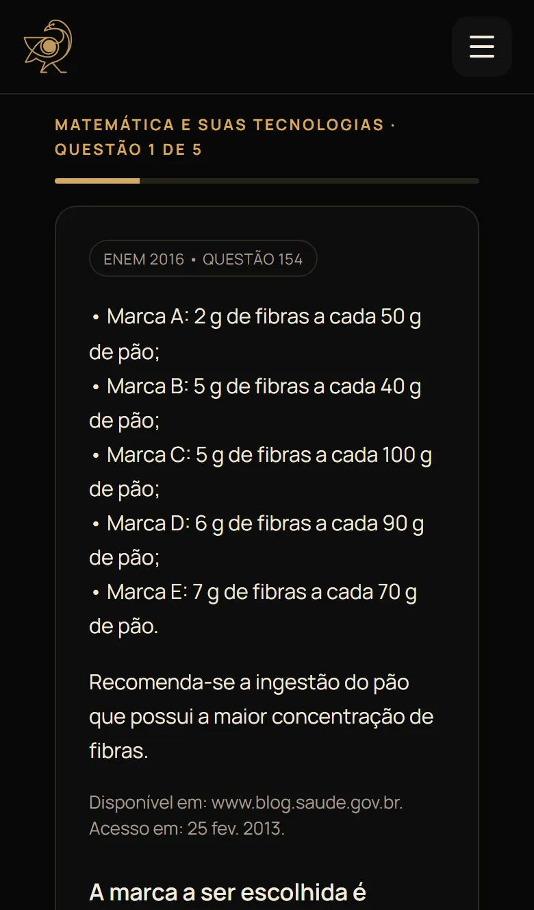 Tela da prévia com uma questão do ENEM 2016 de Matemática, com a origem da prova, o enunciado e a barra de progresso "questão 1 de 5".